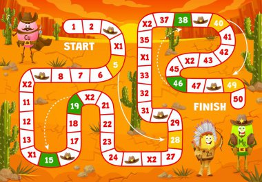 Kids board game. Wild west cartoon cowboy, sheriff and indian vitamin characters. Child roll and move playing activity, kids racing vector game with Cu, Zn, Mg pill micronutrient cute personages clipart