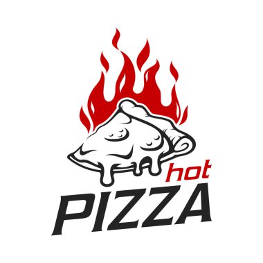 Pizzacı ya da İtalyan restoranı için pizza ikonu. Yanan pizzanın vektör sembolü. Pizzacı ve fırın için fast food pizza amblemi fırında İtalyan pizzacısı. Pizza dilimli ve peynirli.