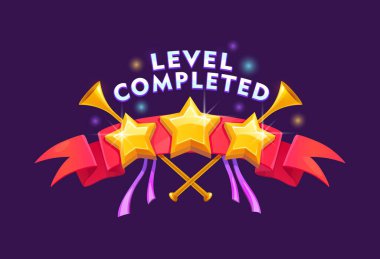 Game level complete badge or icon with golden stars, red banner and trumpets. Isolated ui or gui popup screen asset, button, element for mobile app or game menu interface clipart