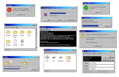 Klasik PC yazılım pencereleri, eski bilgisayar arayüzü mesaj kutuları, vektör arkaplanları. Diskteki dosya dizinlerinin vintage PC pencereleri, sistem hatası açılır ileti ve düğmeleri olan tarayıcı çubukları yüklüyor