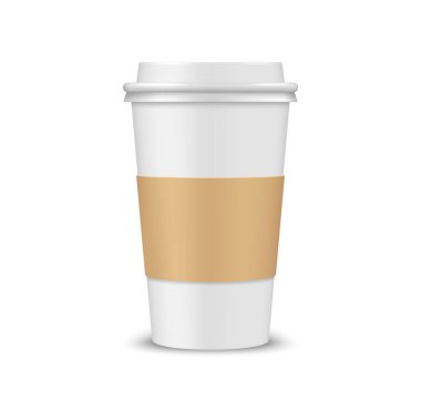 Gerçekçi kahve fincanı 3d vektör modeli, plastik kapaklı ve kahverengi tutacağı olan tek kullanımlık kağıt kutu. Soğuk ya da sıcak içecek, içecek, kahve ya da çay kupası için izole edilmiş boş bir kutu.