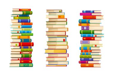 Yüksek kitap yığınları, kütüphane ders kitapları ve okul edebiyatı yığınları, izole edilmiş vektör. Kitap yığınları ve kütüphane kitap yığınları yığınları, eğitim eğitimi öğrenim sözlüğü ve kitapçı veya üniversite kitapları yığınları