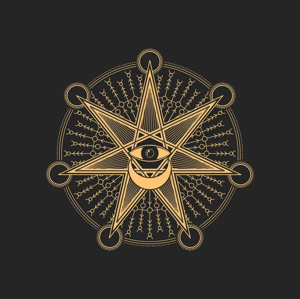 7つの光線と円の三日月を持つ星の中のプロビデンスの目を持つ密教のオカルトシンボル ベクトルメイソン精神的な象徴的 神秘的なタロットカード記号 ウィッカまたは錬金術の紋章 — ストックベクタ