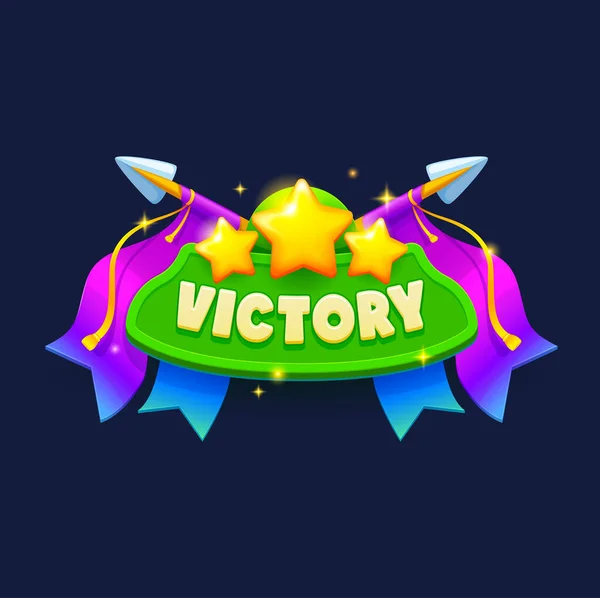 stock vector Game victory sign, banner or popup window. Cartoon vector achievement menu screen with golden stars, arrows and ribbons. User interface success achievement award trophy, ui mobile rpg app winner badge
