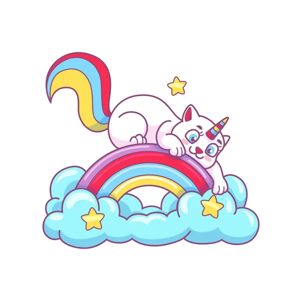 虹の上で遊んでかわいい漫画のCaticorn 魔法のユニコーン猫 魔法の子猫面白い性格や妖精の生き物子供っぽいベクトルマスコット カラフルなホーンと尾を持つかわいい猫のキャラクター — ストックベクタ