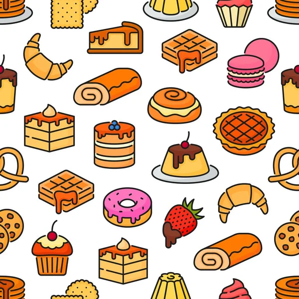 Dessert Und Bäckerei Nahtlose Muster Vector Dünnschichtgebäck Hintergrund Mit Umriss — Stockvektor