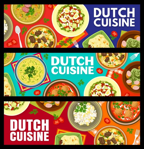 Dutch Cuisine Restaurant Dishes Banners Potato Salad Broccoli Cream Soup — Stock Vector
