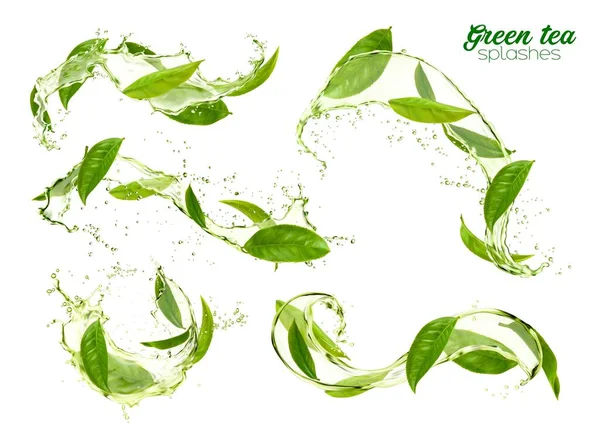 Green Tea Leaves Swirls Splashes Herbal Drink Waves Water Flows — Stock Vector