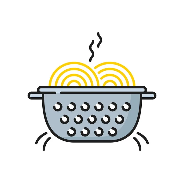 面条煮在平底锅孤立的线条图标 将意大利面倒入锅中 用亚洲菜做快餐 用面条烧开水 — 图库矢量图片