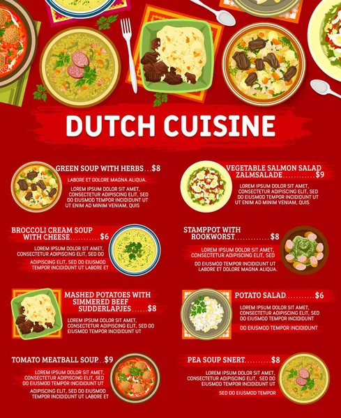 Cuisine Néerlandaise Menu Gastronomique Restaurant Soupe Verte Aux Herbes Salade — Image vectorielle