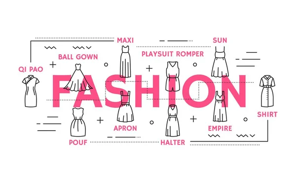 Robes Ligne Femme Mode Femme Vêtements Boutique Contour Bannière Vectorielle — Image vectorielle