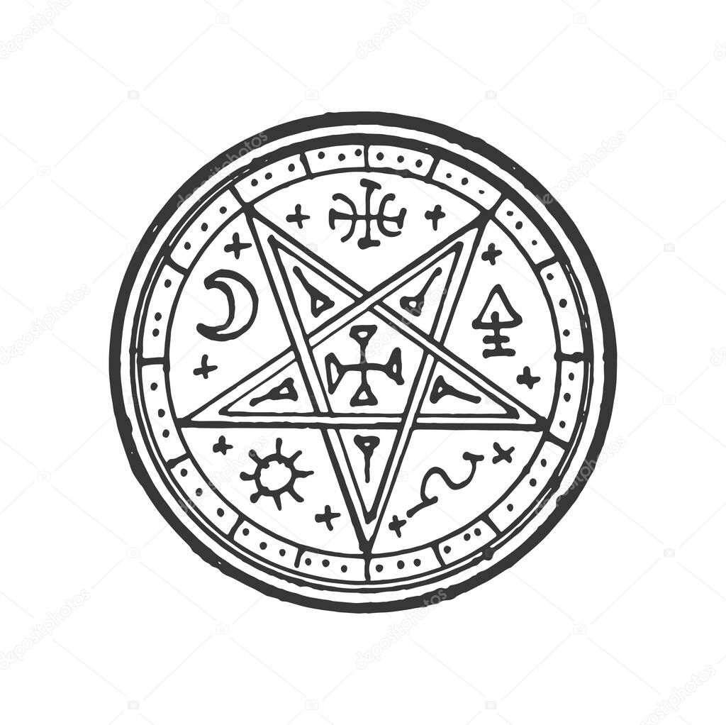 Esoteric amulet, mandala, magic talisman isolated circle with pentagram. Vector vintage mystic alchemy, witchcraft or wizard, occultism sign