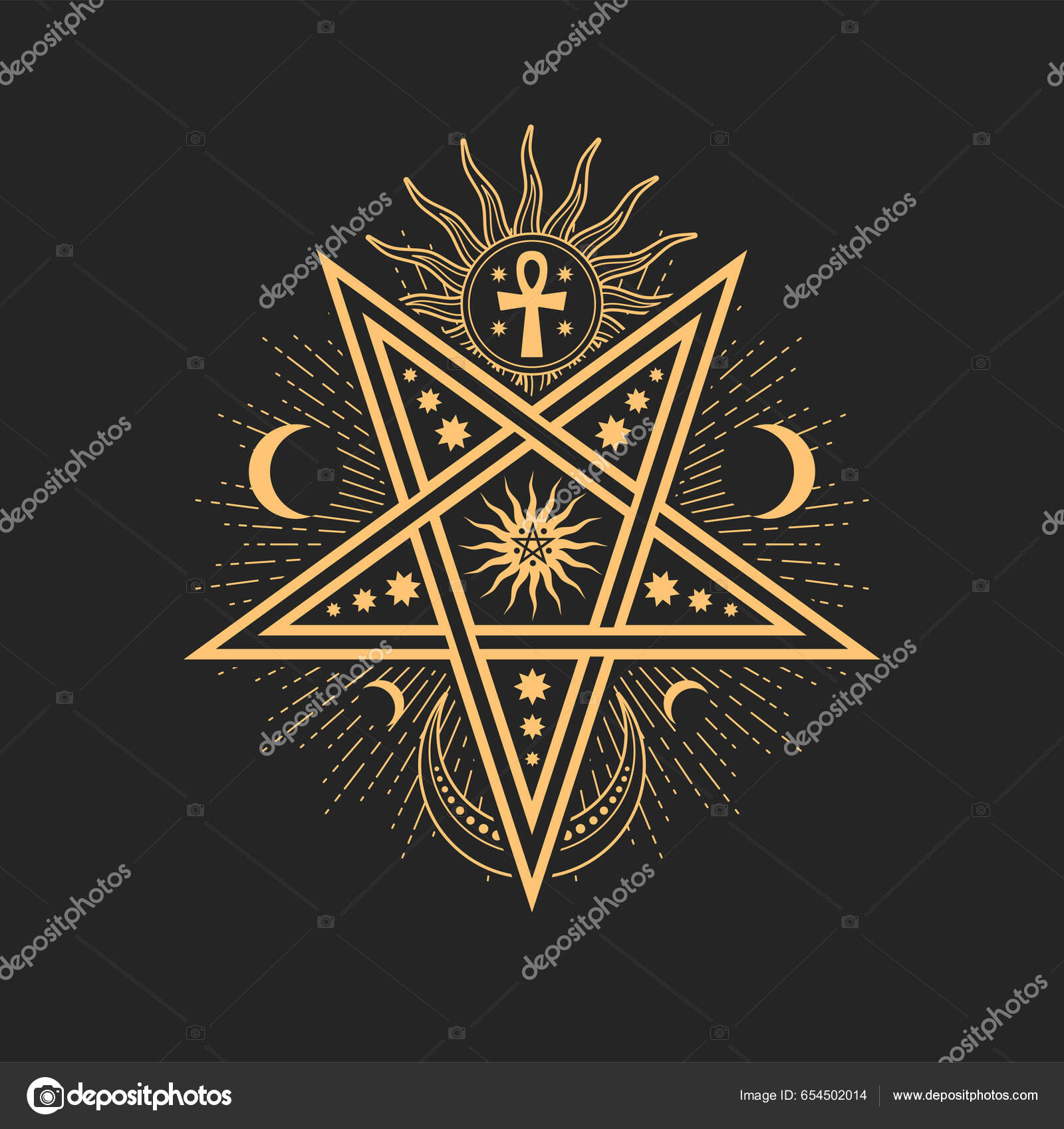 五角形の星 三日月 アンククロスを持つ密教のオカルトベクトル記号