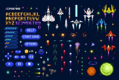 Uzay galaksisi 8 bit piksel oyunu. 8bit platform konsol video oyunu vektör varlığı yazı tipi, gamepad tuşları, yaşam seviyesi ve fantastik uzay gemileri, gezegen, lazer atışı ve patlama animasyonları ile
