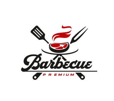 BBQ grill or barbecue restaurant icon with steak meat, fork and spatula, vector grill bar sign. Premium quality steakhouse or BBQ burger party picnic icon of steak loin on charcoal grate clipart