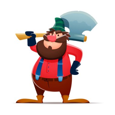 Çizgi film cücesi ya da cüce, sakallı oduncu karakter, vektör orman elfi. Peri masalı cücesi ya da fantezi cücesi sakallı ve baltalı oduncu, oyuncak çocuk figürü cüce cüce cüce adam.