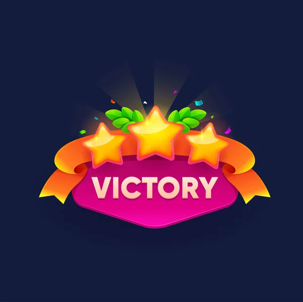 stock vector Game victory sign banner with winner golden stars, vector icon for mobile interface GUI. Cartoon victory sign of game award for level up with gold stars and wreath ribbon for mission complete