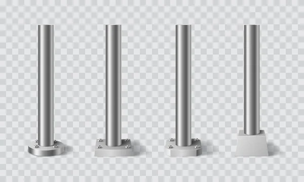 钢制金属柱 钢管柱或立柱 矢量逼真3D 用螺栓固定在底座 铝管柱和铬路标柱上的钢制铁柱或杆状标志柱 — 图库矢量图片