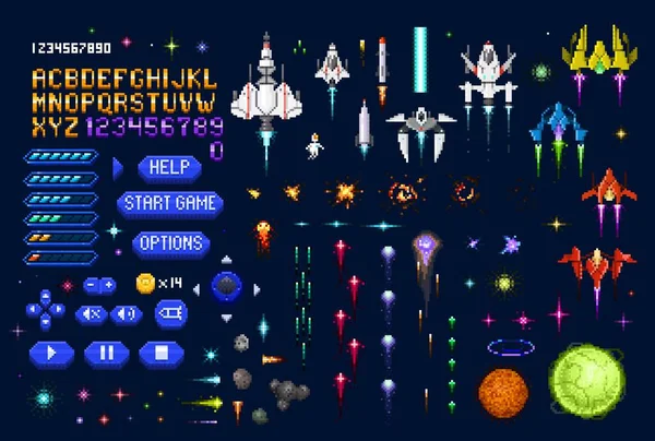 宇宙銀河8ビットアーケードピクセルゲーム フォント ゲームパッドボタン ライフレベルと幻想的な宇宙船 レーザー撮影と爆発アニメーションと8ビットプラットフォームコンソールビデオゲームベクトル資産 — ストックベクタ