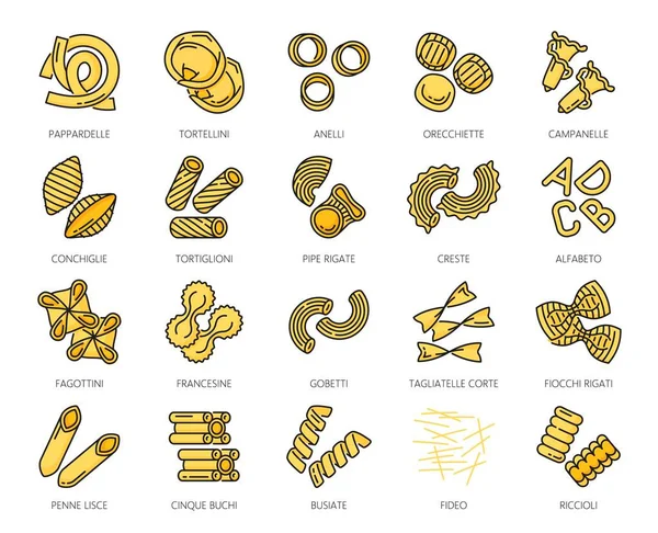 Pasta Type Line Icons Italian Food Spaghetti Macaroni Vector Outline — Stock Vector