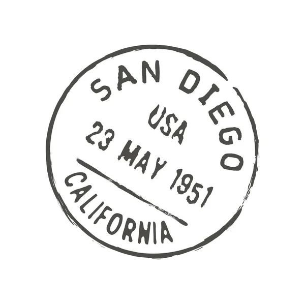 サンディエゴ切手と郵便切手 手紙の封筒や小包の印刷 アメリカ合衆国郵便グランジベクトルインクスタンプまたは郵便配達出発カリフォルニアサンディエゴ市シール — ストックベクタ