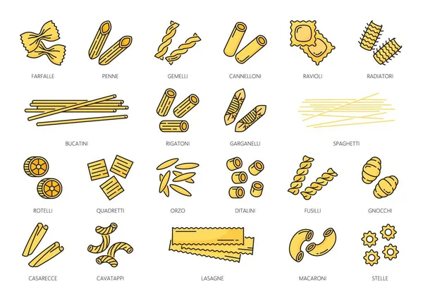 Nudeltypen Umreißen Symbole Italienische Lebensmittel Spaghetti Und Makkaroni Linienvektor Italienische — Stockvektor