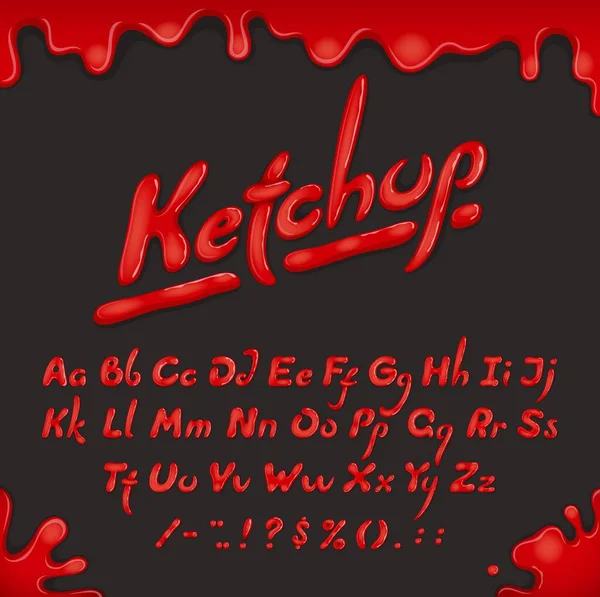 トマトソース文字 ベクトルタイポグラフィのフォントタイプや書体の調理アルファベット ケチャップフォントまたはトマトソースの液体タイプ Abc文字で赤い塗料スプラッシュの食品テキストスクリプト — ストックベクタ