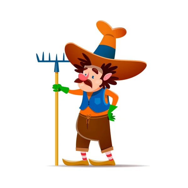 Gnome Dos Desenhos Animados Personagem Agricultor Anão Com Ancinho Anão — Vetor de Stock