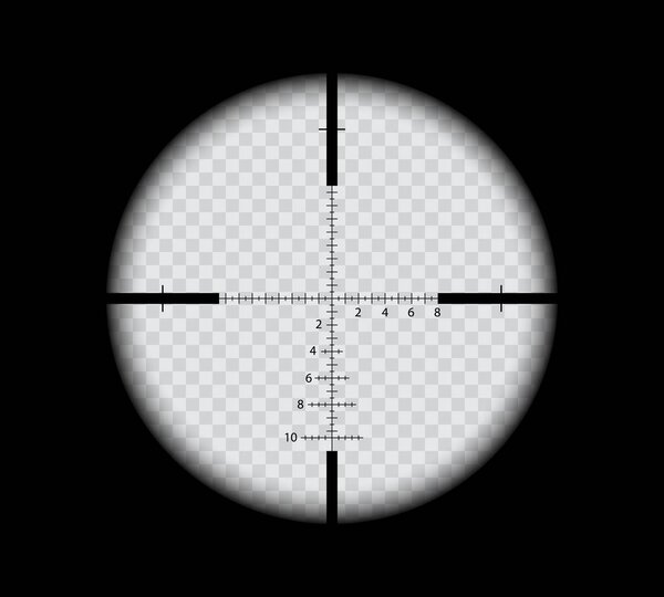 Military sniper scope with crosshair sight view of gun target, vector aim reticle. Sniper scope viewfinder or rifle crosshair target with optical telescope aim finder and distance measure marks