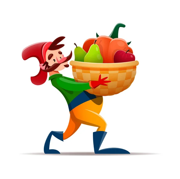 Cartoon Gnome Dwarf Character Harvest Basket Vector Farmer Man Fairy — Stock Vector