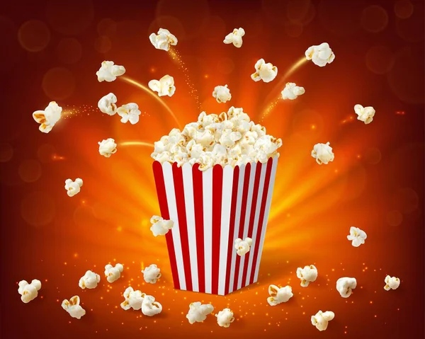 Létající Zrnka Popcornu Proužkovaná Krabice Kino Sladké Jídlo Párty Nadýchaný — Stockový vektor