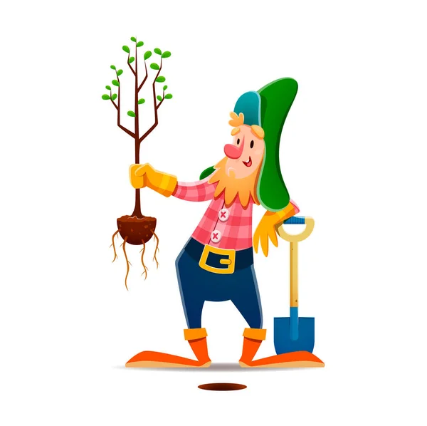 苗を植える漫画のノームやドワーフのキャラクター ガーデンノーム ファンタジーミゼットや妖精の独立したベクトルかわいい性格 おとぎ話のドワーフ農家のシャベルで幸せなキャラクター 庭の木を植える — ストックベクタ