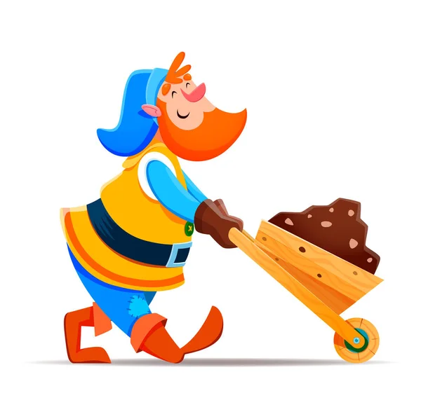Cartoon Gnome Dwarf Miner Character Wheelbarrow Vector Fairy Tale Man — Stock Vector