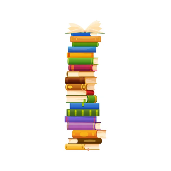 高塔に積層された様々なサイズ 色や形状の読書材料のブックスタック 分離ベクトル漫画の山 読書又は教育のための教育 図書館 学校又は大学の教科書 — ストックベクタ