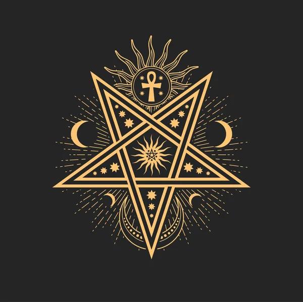 Эзотерический Оккультный Векторный Знак Звездой Пентаграммы Полумесяцем Солнцем Крестом Анха — стоковый вектор
