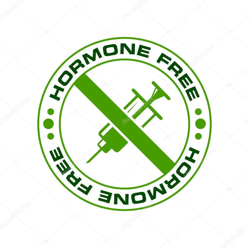 Hormone free icon, organic food without or non added steroids vector symbol. Hormone injection syringe in green prohibition sign for healthy nutrition product tag or label, organic farm or agriculture