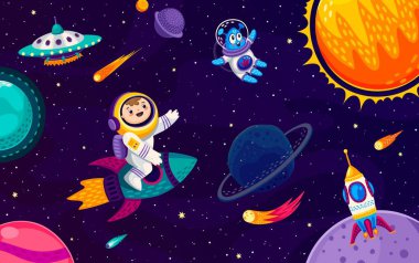Çocuk astronot ve uzay galaksisindeki uzaylı karakterler. Çizgi film vektörü çocuk kozmonot gezegenleri, parlayan yıldızları, uzay gemileri ve UFO daireleri olan bir rokete biniyor. Yıldızlararası yolculuk ya da yolculuk