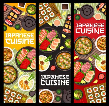 Japon mutfağı restoran afişleri. Nigiri suşi, buğday çorbası domuz etli ramen ve yeşil çay, karides sebze çorbası, marine edilmiş zencefil ve maki suşi ruloları, somon balığı, ton balığı ve deniz tarağı sashimi.