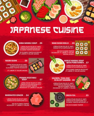 Japon mutfağı menü şablonu. Somon, ton balığı ve midye sashimi, nigiri sushi, yeşil çay ve soba çorbası, marine edilmiş zencefil, karides çorbası ve maki suşi ruloları, domuz etli erişte çorbası.