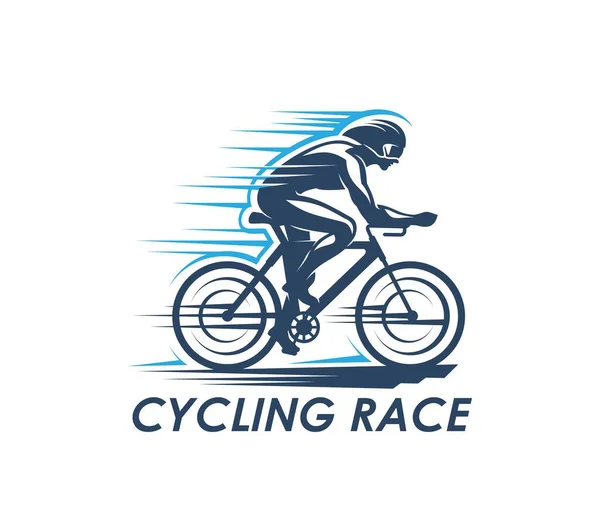 自転車に自転車レーサーシルエットのサイクリングスポーツアイコン ベクトルサイクルレースクラブバッジ スピードライドホイール サイクリングスポーツツアーや競争記号を持つ道路上の自転車のサイクリストとサイクリングスポーツアイコン — ストックベクタ