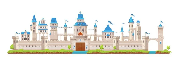 骑士石堡和要塞城门 塔楼和炮塔 城墙和中世纪宫殿建筑 与国旗分隔的卡通矢量古建筑 幻想魔法或仙女王宫 — 图库矢量图片