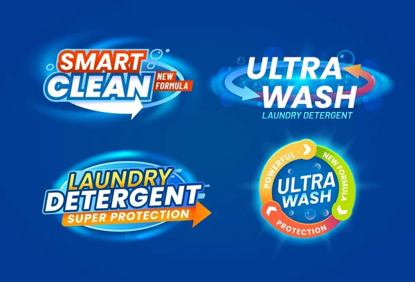Toz Veya Deterjan Renkli Etiketler Vektör Temizlik Servisi Sıvı Sabun — Stok Vektör