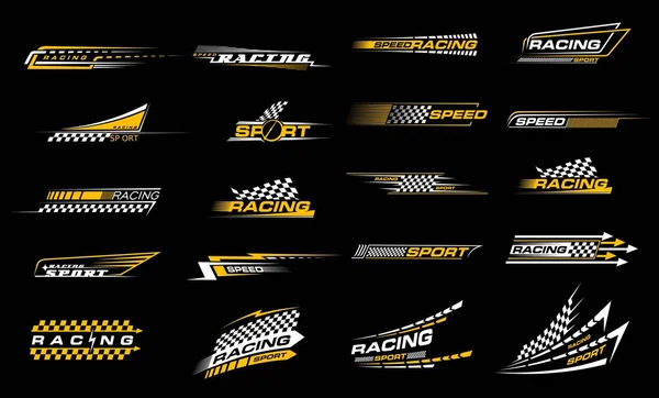 Rennsportwagen Streifen Aufkleber Checker Aufkleber Motocross Wettbewerb Retro Embleme Motorsport — Stockvektor