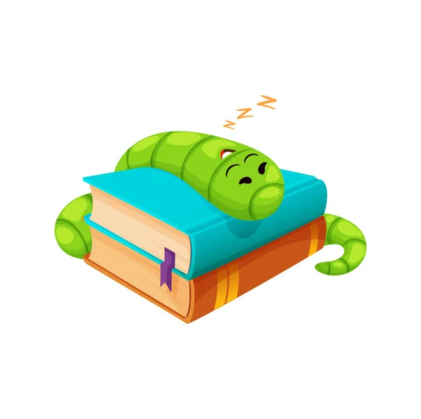 Desenhos Animados Personagem Verme Livro Animal Verme Dormindo Profundamente Pilha — Vetor de Stock