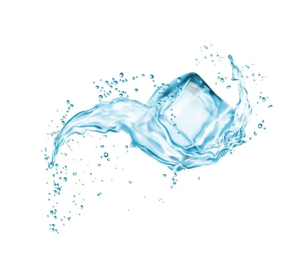 Cubo Gelo Realista Com Respingo Água Fluxo Aqua Vetorial Isolado — Vetor de Stock