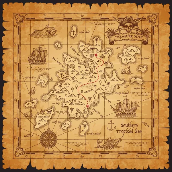 Старая Пиратская Карта Сокровищ Карибский Остров Морские Монстры Розы Парусники — стоковый вектор