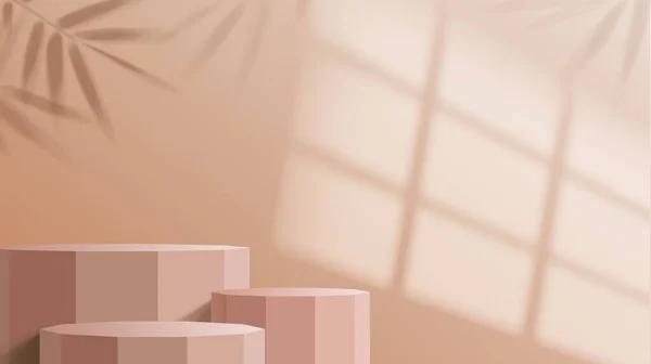 ベージュの表彰台モックアップ 円筒形のプラットフォームや壁にヤシの葉や窓枠の影とスタジオでの製品のプレゼンテーションのための台座と現実的なベクトル背景 3Dショーケーススタンド — ストックベクタ