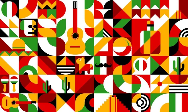 墨西哥包豪斯现代几何图案 矢量的主题 背景与简单的几何形状的头骨 仙人掌 龙舌兰和Sombrero 马德拉 旗子和皮纳塔现代装饰品 — 图库矢量图片