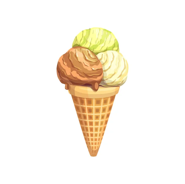 Cartoon Ice Cream Cone Scoops Vector Zoet Voedsel Koude Zomer — Stockvector