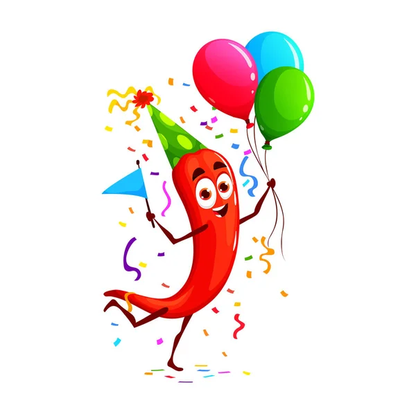 卡通片滑稽辣椒蔬菜人物生日 周年假期 生日庆祝快乐素食主义者的性格 周年假期快乐素食传道士与气球 — 图库矢量图片